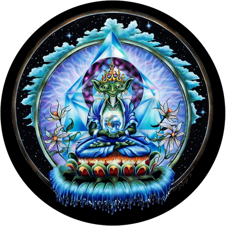 May include: A green, humanoid figure with a crown sits in a meditative pose on a blue lotus flower. The figure holds a blue orb in its hands. The figure is surrounded by a blue and purple aura, and a diamond-shaped geometric pattern.