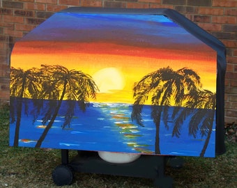 Sunset Palm Trees and Beach Grill for BBQ Grill, Kettle or Smoker ~ All weather protection - Custom Made to your Grill size