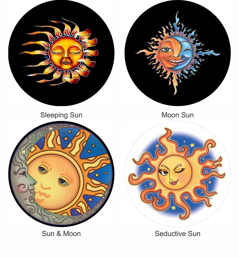 May include: Four circular designs featuring a stylized sun and moon with different expressions. The designs are "Sleeping Sun", "Moon Sun", "Sun & Moon", and "Seductive Sun".
