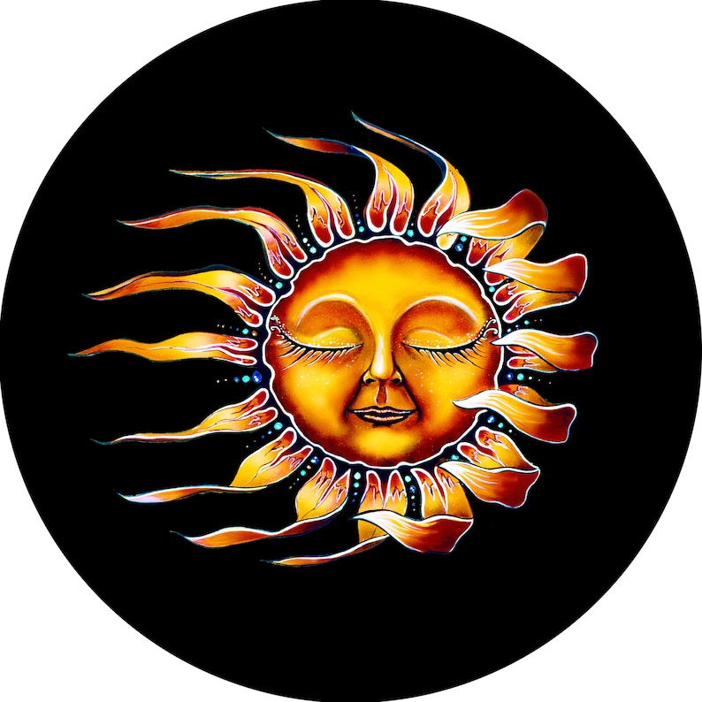 May include: A stylized illustration of a sun with a human face and closed eyes. The sun is depicted with a yellow face and orange and red rays.