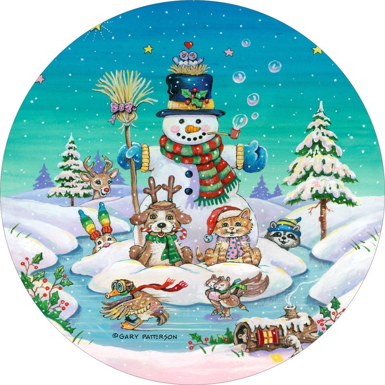 May include: A snowman with a red and green scarf and a blue hat is surrounded by a variety of animals including a deer, a rabbit, a dog, a cat, a raccoon, and two squirrels. The scene is set in a snowy winter wonderland with a blue sky and white snow.