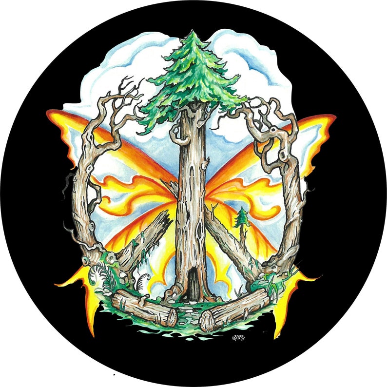 May include: A circular illustration featuring a peace sign formed by a tree trunk and branches, with butterfly wings in orange and yellow. The design includes a green tree, clouds, and a black background.