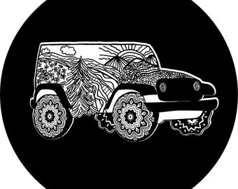 Off Road 4x4 Doodle art Mountain Spare Tire Cover  ~ ALL Sizes available in menu~ Camera opening option in Menu ~ Heavy Duty Tire Protector