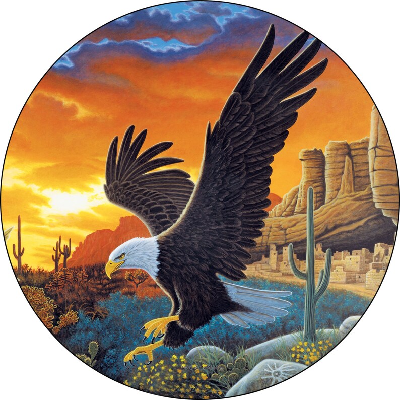 May include: A bald eagle with outstretched wings soars over a desert landscape at sunset. The eagle is in flight, with its talons extended. The background features a rocky canyon, cacti, and a distant village.