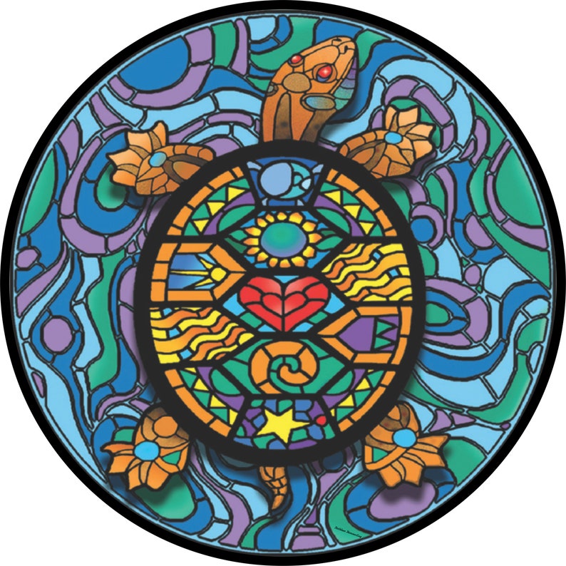 Puede incluir: Una tortuga de vitral colorido con un coraz&oacute;n en el centro de su caparaz&oacute;n. La tortuga est&aacute; rodeada de un fondo azul, verde y morado.