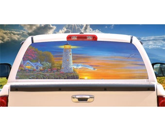 Lighthouse Evening Lights Rear Window Mural, Decal, or Tint for rear window in Truck, RV, Camper, etc