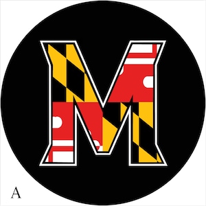May include: A black circle with a white outline featuring a large white letter "M" with the Maryland state flag colors and pattern inside the letter.