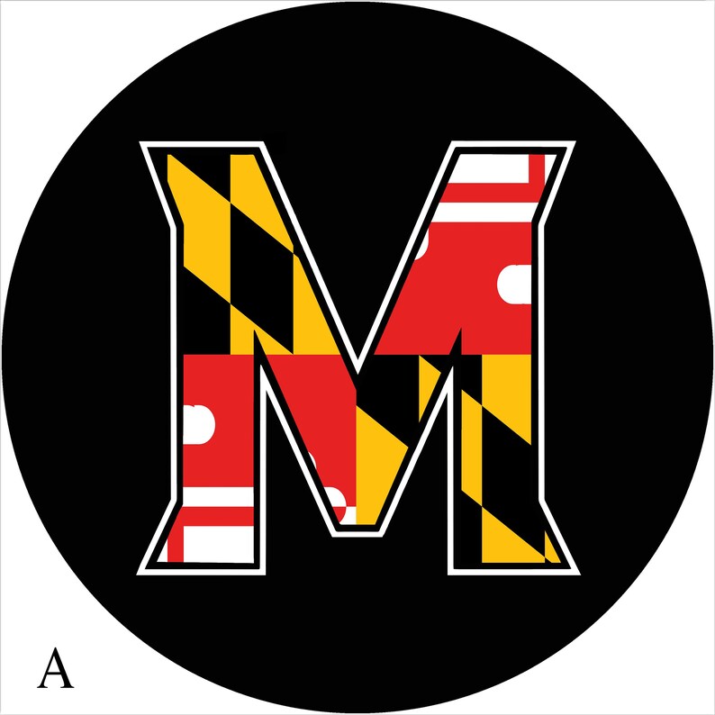 May include: A black circle with a white outline featuring a large white letter "M" with the Maryland state flag colors and pattern inside the letter.