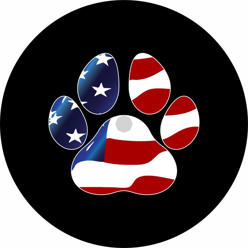 May include: A black circle with a paw print in the center. The paw print is made up of five red, white, and blue sections, resembling the American flag.