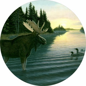 May include: A large moose stands in a lake at sunset, looking out at two loons swimming in the water. The moose is brown with large antlers. The water is a deep blue with ripples. The sky is a soft orange and pink.
