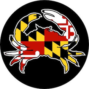 May include: A black circle with a white crab silhouette. The crab is filled with the colors of the Maryland state flag: black, gold, red, and white.