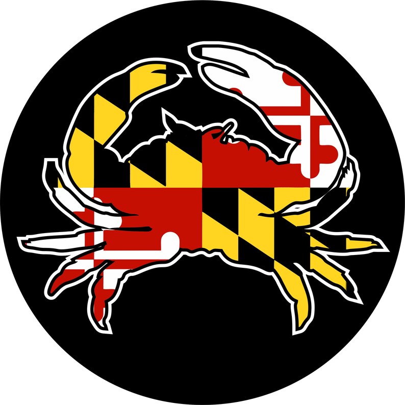 May include: A black circle with a white crab silhouette. The crab is filled with the colors of the Maryland state flag: black, gold, red, and white.