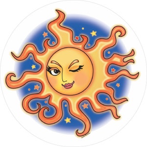 May include: A whimsical illustration of a winking sun with a bright yellow face and orange rays against a blue background with small white stars.