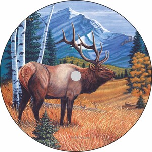 May include: A round, colorful painting of a large elk standing in a field with a mountain in the background. The elk is brown with a large rack of antlers. The field is a mix of green and brown grasses. The mountain is blue and white with snow on the top. The painting is framed in a circle.