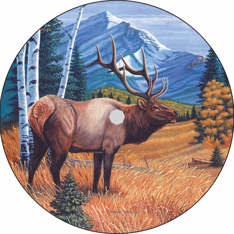May include: A round, colorful painting of a large elk standing in a field with a mountain in the background. The elk is brown with a large rack of antlers. The field is a mix of green and brown grasses. The mountain is blue and white with snow on the top. The painting is framed in a circle.
