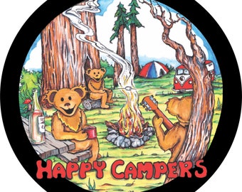 Happy Campers Bears Spare Tire Cover  ~ ALL Sizes available in menu~ Camera opening option in Menu ~ Heavy Duty Tire Protector