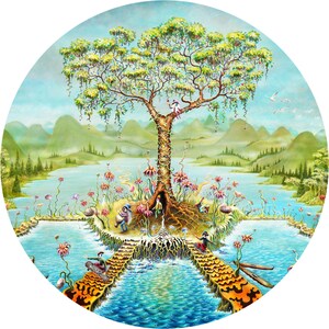 May include: A whimsical painting of a large tree with a winding trunk and branches, surrounded by a blue lake and green hills.  The tree is adorned with flowers and small figures.  The lake is divided by three paths leading to the tree.