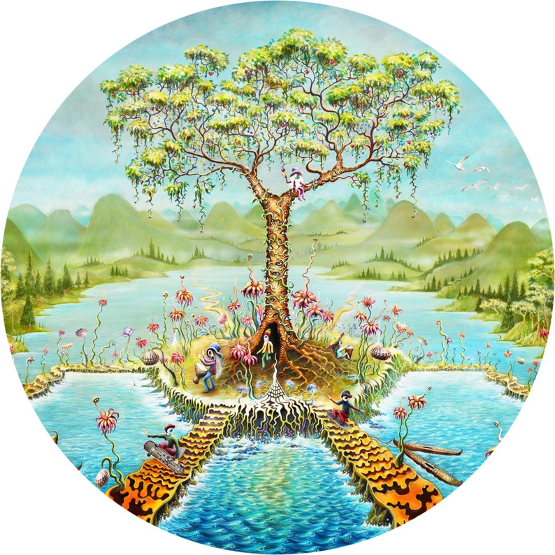 May include: A whimsical painting of a large tree with a winding trunk and branches, surrounded by a blue lake and green hills.  The tree is adorned with flowers and small figures.  The lake is divided by three paths leading to the tree.