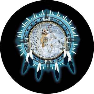 May include: A blue and white dreamcatcher with a Native American riding a white horse in a snowy forest scene. The dreamcatcher has feathers and beads.