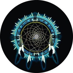 May include: A blue and black dreamcatcher with feathers hanging from the bottom. The dreamcatcher is surrounded by a circle of white teeth.