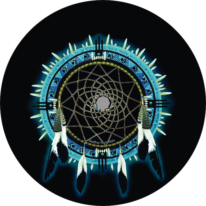 May include: A blue and black dreamcatcher with feathers hanging from the bottom. The dreamcatcher is surrounded by a circle of white teeth.