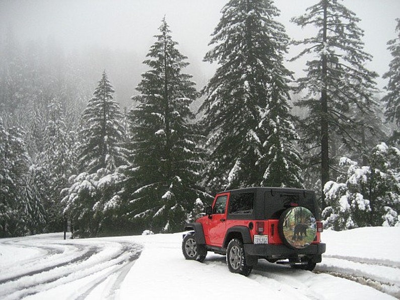 May include: A red Jeep Wrangler driving on a snowy road through a forest of snow-covered pine trees. The spare tire has a black bear design.