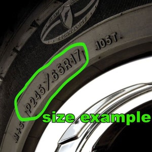 May include: Close-up of a black tire with the size "P245/65R17" printed on the sidewall.