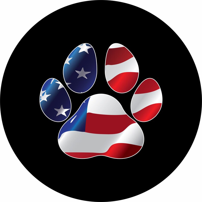 May include: A black circle with a red, white, and blue paw print in the center. The paw print is designed to look like the American flag.
