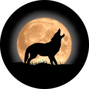 May include: Silhouette of a wolf howling at a full moon. The moon is a bright orange color against a dark night sky.