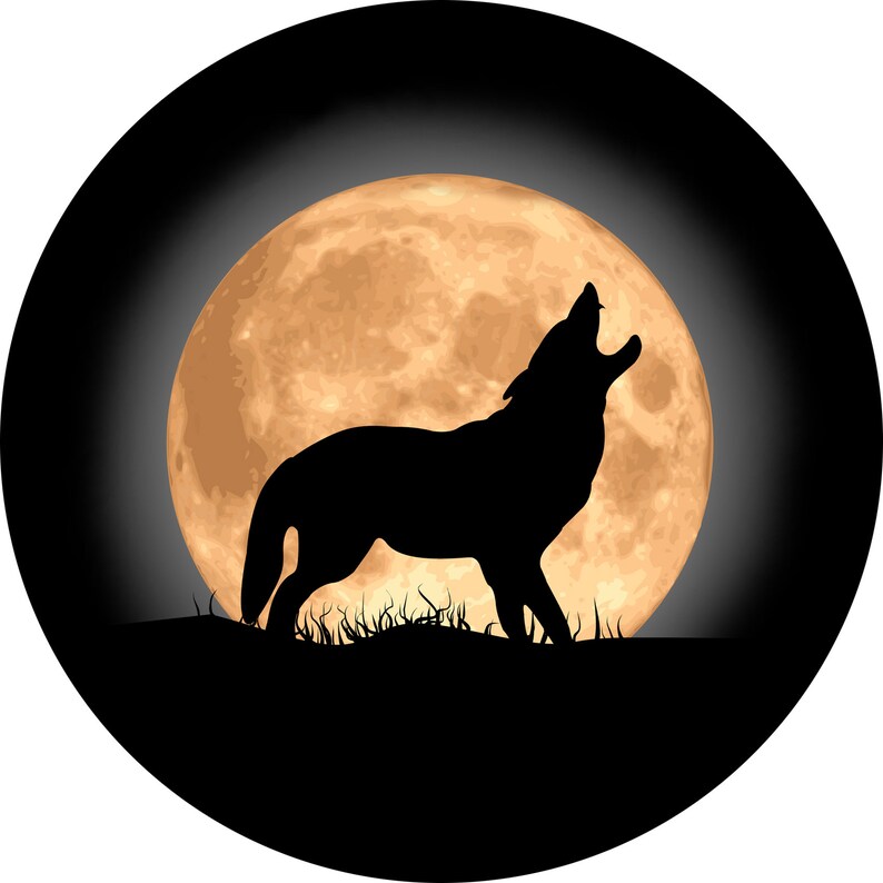 May include: Silhouette of a wolf howling at a full moon. The moon is a bright orange color against a dark night sky.