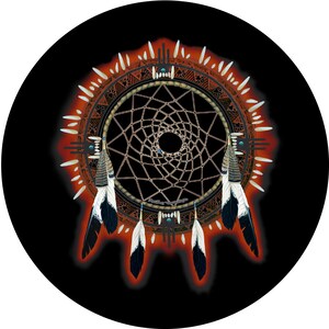 May include: A brown and black dreamcatcher with white feathers and turquoise beads. The dreamcatcher is surrounded by a red and orange halo.