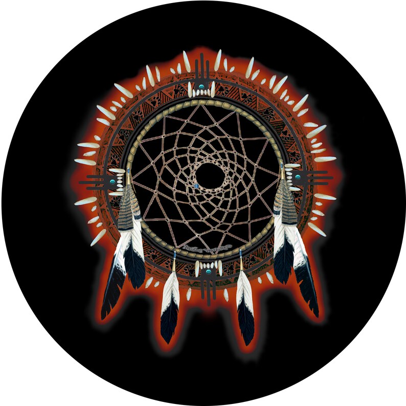 May include: A brown and black dreamcatcher with white feathers and turquoise beads. The dreamcatcher is surrounded by a red and orange halo.