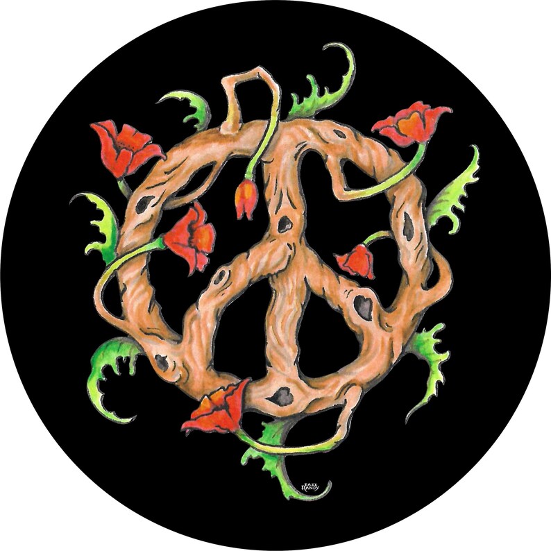 May include: A round, black graphic featuring a peace sign formed from a brown, woody material. Red flowers and green leaves with a watercolor effect are intertwined with the peace sign. The design has a hand-drawn aesthetic.