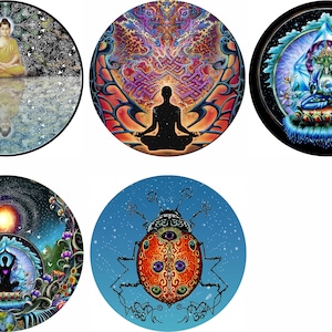 May include: Five round, colorful, psychedelic art prints featuring a variety of images including a meditating figure, a ladybug, and a Buddha.