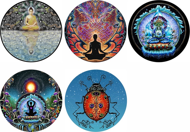 May include: Five round, colorful, psychedelic art prints featuring a variety of images including a meditating figure, a ladybug, and a Buddha.