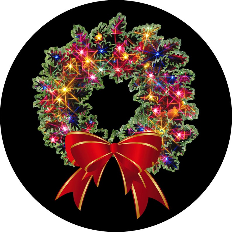 May include: A green Christmas wreath with colorful lights and a red bow. The wreath is on a black background.