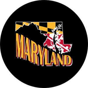 May include: A black circle with a yellow and red outline of the state of Maryland, with the word "MARYLAND" in yellow letters with red outlines. The state outline is filled with the Maryland state flag.