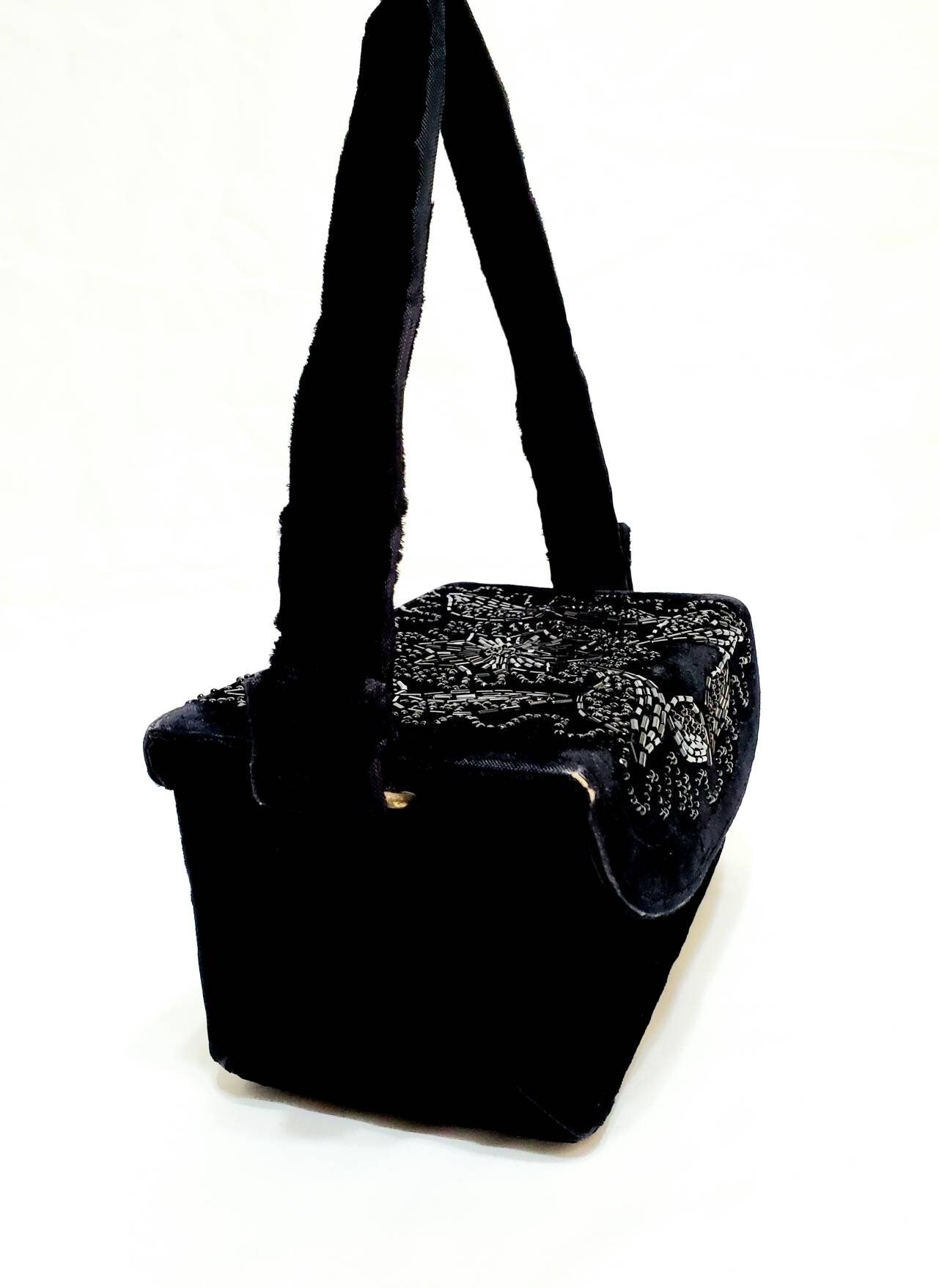 Vintage 50's Black Velvet Beaded Box Purse Midcentury Etsy