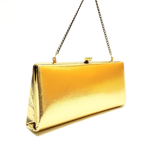 Vintage 60's Gold Vinyl Clutch With Optional Top Chain Handle Mid-Century Purse