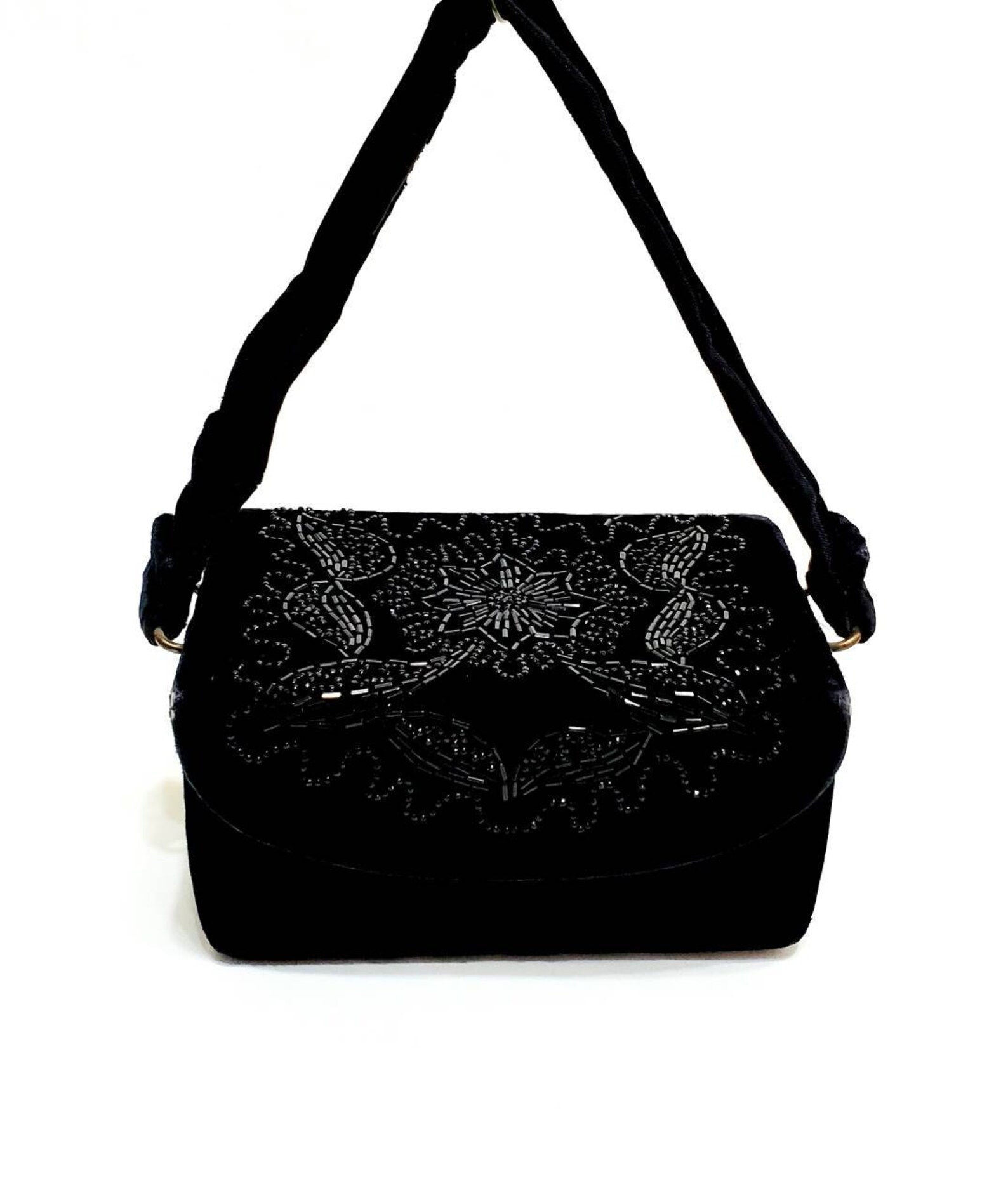 Vintage 50's Black Velvet Beaded Box Purse Midcentury Etsy
