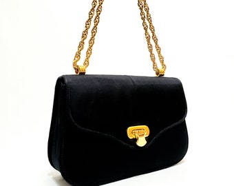 Vintage 60's-70's Meyers Black Fabric Handbag With Gold Chain Handle