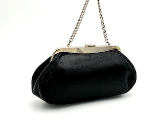Vintage 60's-70's Black Leather Handbag Optional Top Chain Handle