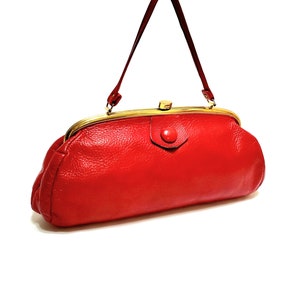 Vintage 60&#39;s Red Genuine Leather Top Handle Handbag Mid-Century Purse