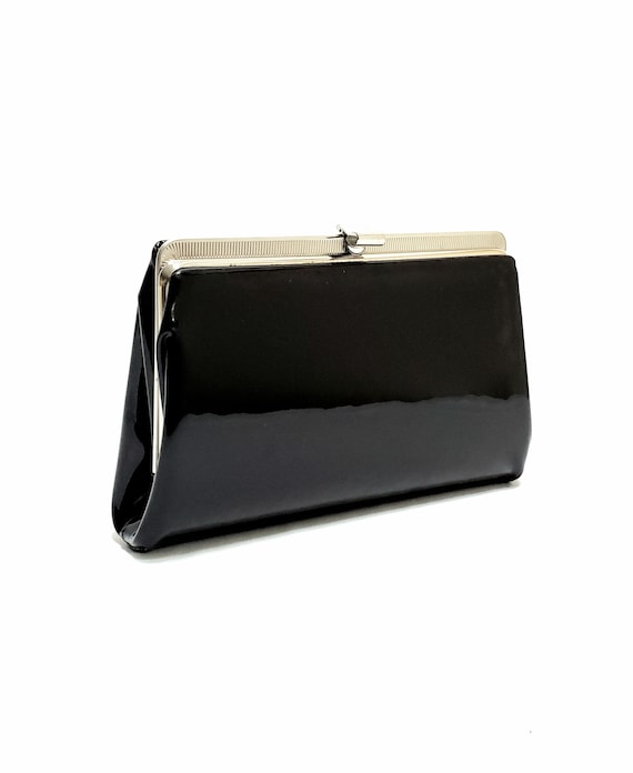 Vintage 60's Black Patent Clutch Evening Bag Mid-C