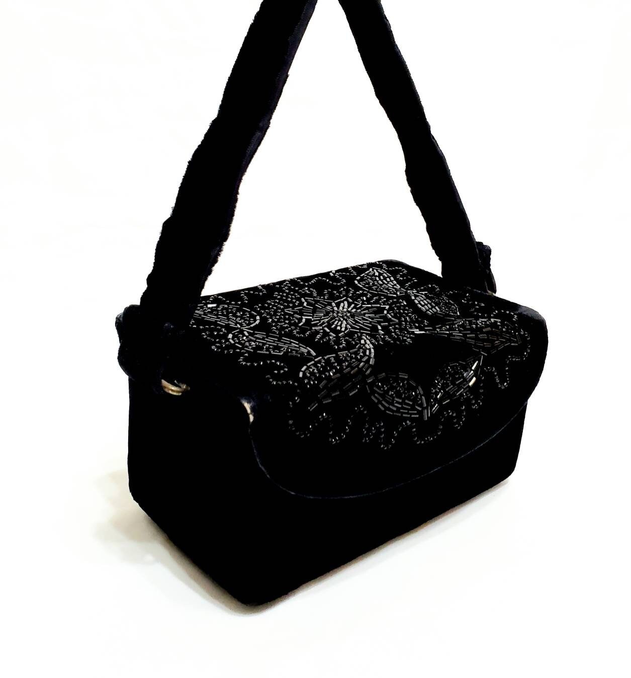 Vintage 50's Black Velvet Beaded Box Purse Midcentury Etsy