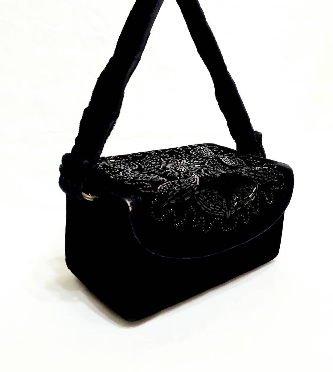 Vintage 50's Black Velvet Beaded Box Purse Midcentury Etsy