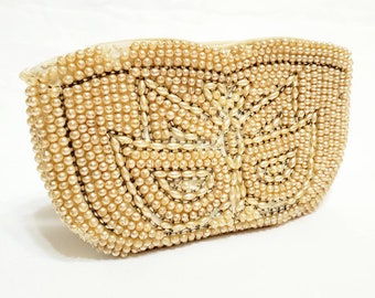 Vintage 40's-50's Faux Pearl Beaded Clutch With Butterfly Design Made In Japan