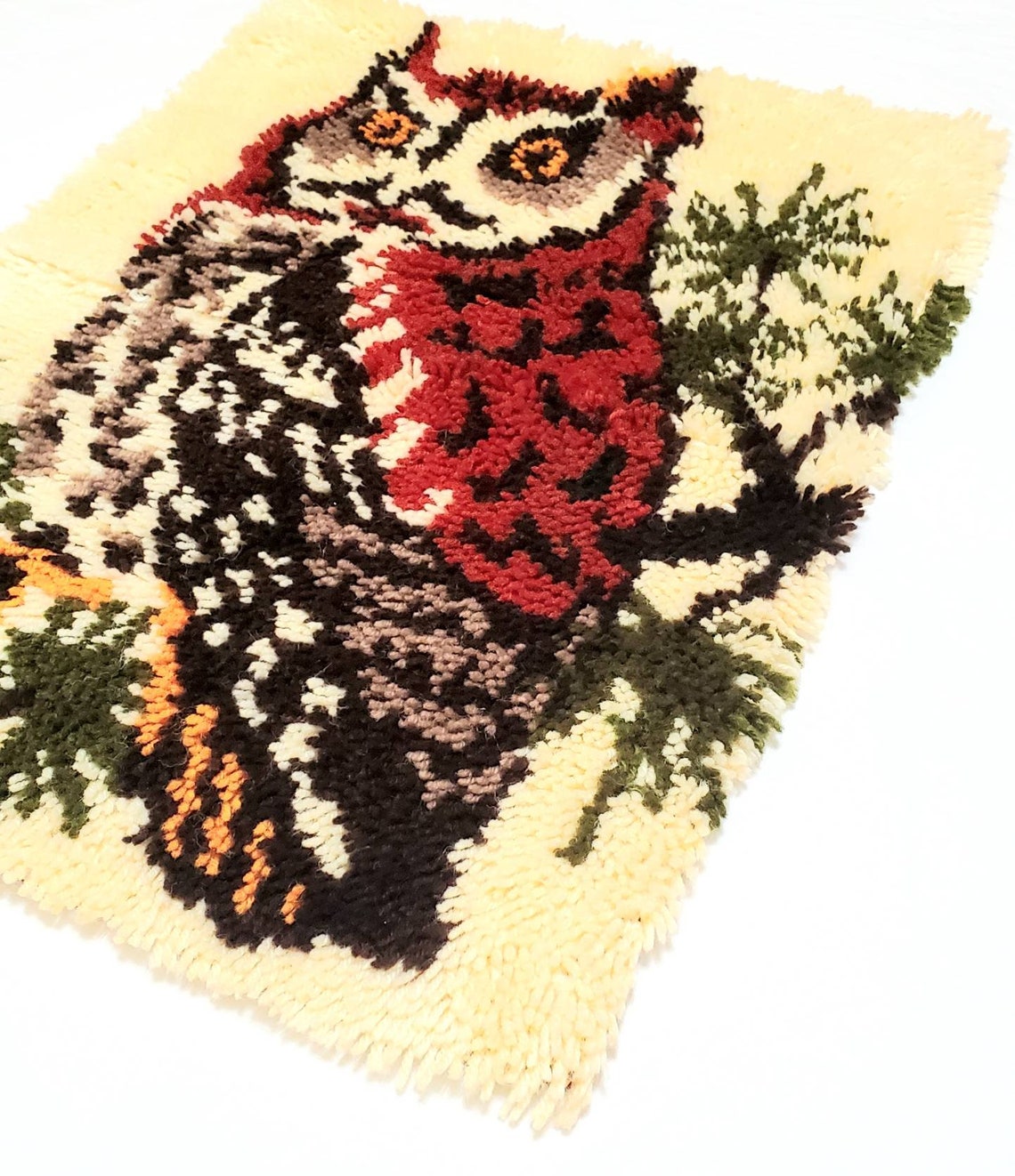 Vintage 70's Owl On Branch Latch Hook Wall Hanging Or Rug Etsy