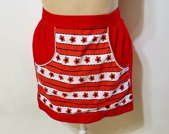 Vintage 60's Red Apron With Flower Design Print Mid-Century Apron