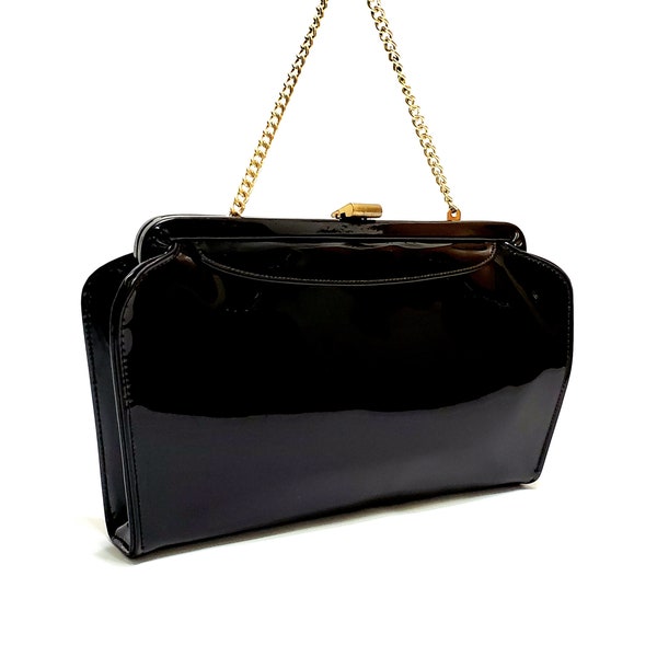 Vintage 60's Garay Black Patent Leather Clutch Or Top Handle Bag